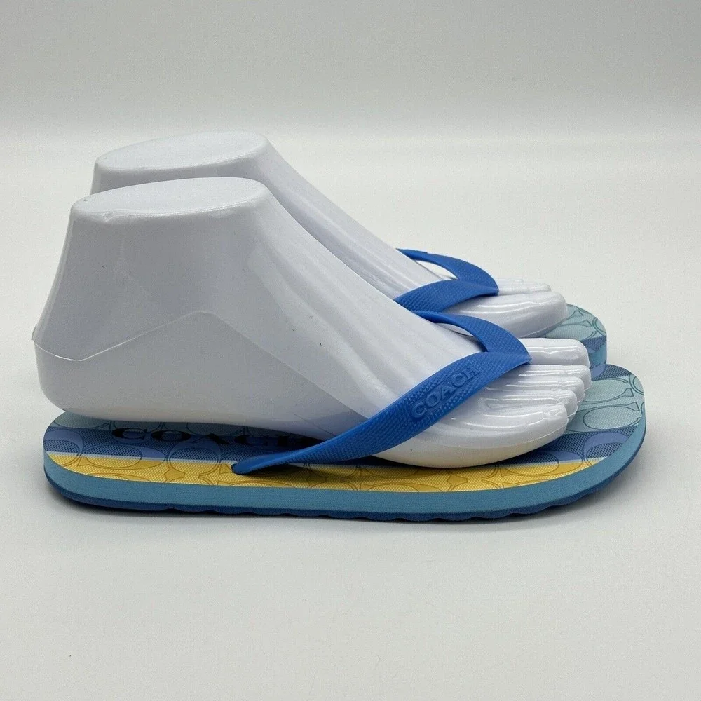NWOT Coach Logo Zak Beach Thong Flip Flop Sandals Blue/Yellow Women’s Size 6 B - Picture 4 of 16